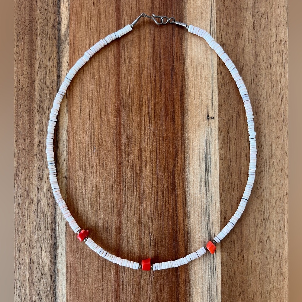 Vintage shell heishi bead necklace with coral